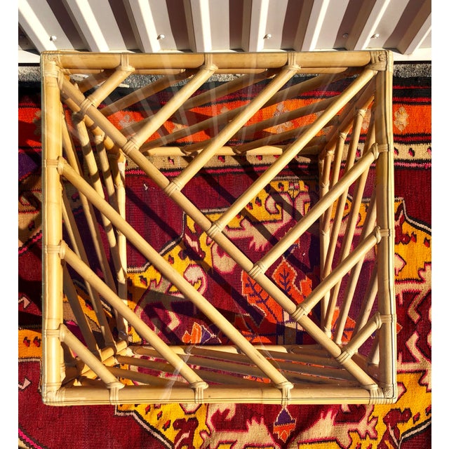 Wood Geometric Chinese Chippendale Bamboo Rattan Cube Table For Sale - Image 7 of 13