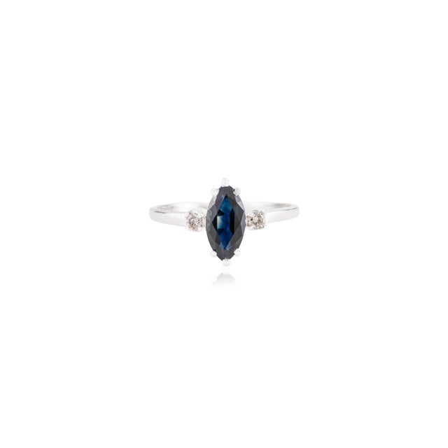 Contemporary Vintage 14k Gold Deep Blue Sapphire & Diamond Navette Ring Size 8 For Sale - Image 3 of 13