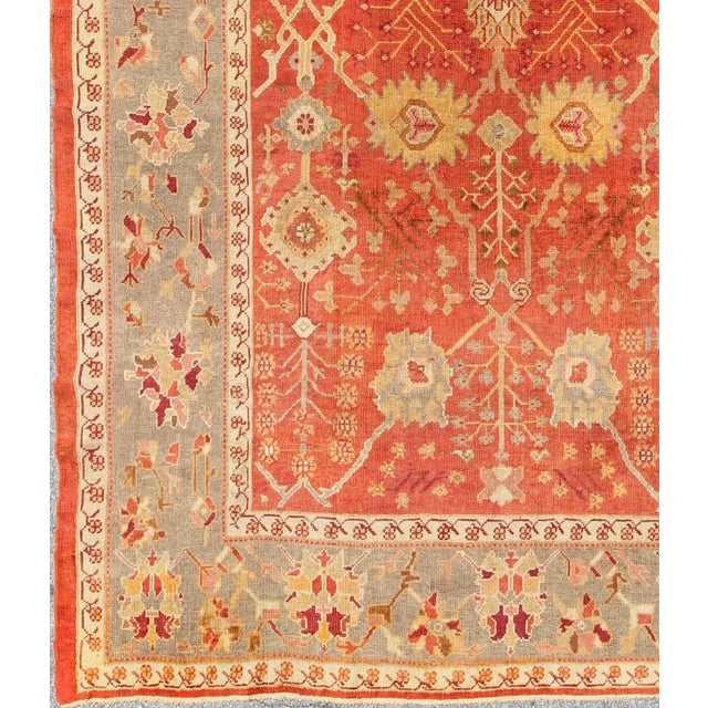 Traditional Antique Turkish Oushak Rug With All-Over Design on Orange Red Field and Gray Border For Sale - Image 3 of 9
