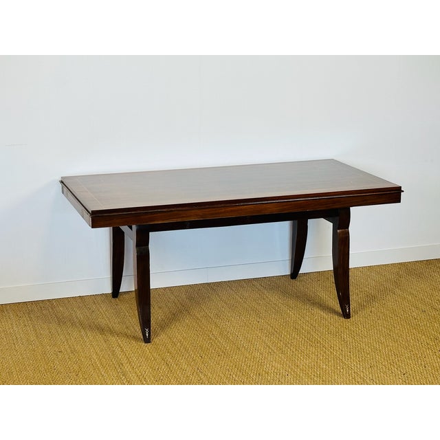An elegant rectangular Art Deco table from the 1940s, featuring a superb wood veneer top with a geometric diamond pattern,...