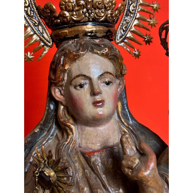 Wood 16th Century Spanish Polychrome Virgin and Child Sculpture For Sale - Image 7 of 10