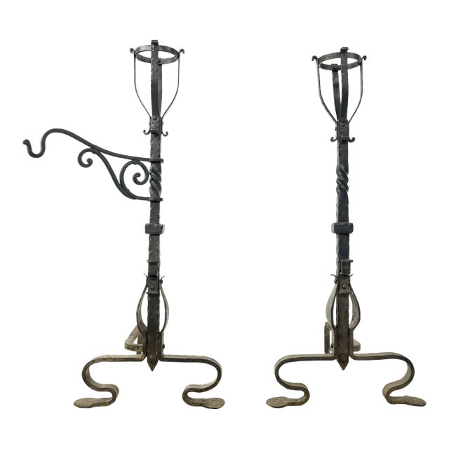 Pair of Antique French Basket Top Wrought Iron Andirons For Sale