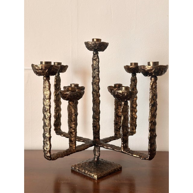 1970s Vintage Brass Brutalist 9 Candle Candleabra 18 X 18 X 18, in the Style of Pieter Adam For Sale - Image 5 of 11