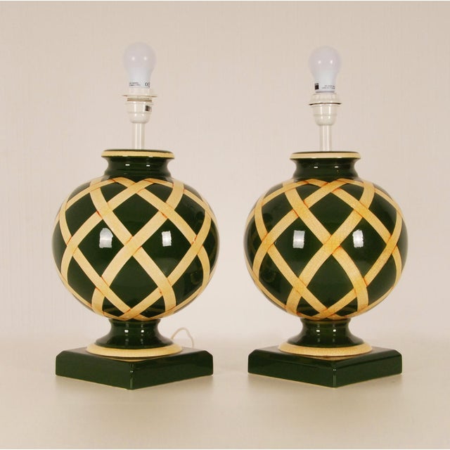 1970s Vintage French Table Lamps Country Style Table Lamps Green Cream English - A Pair For Sale - Image 5 of 12