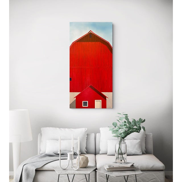 Still the Heartland by Justin Wheatley | Acrylic on Canvas Red Barn With Blue Sky For Sale - Image 10 of 10