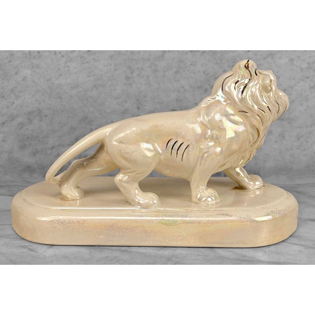 Ceramic Vintage 12" Hollywood Regency White Luster Porcelain Lion Sculpture For Sale - Image 7 of 11