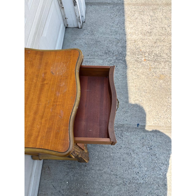Vintage French Provincial Revival Parquetry Bedside Cabinet Nightstand Chest With Carved Details For Sale - Image 11 of 12