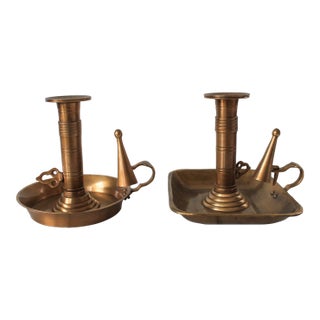 Vintage Brass Chamberstick Candle Holders W/ Snuffers - A Pair For Sale