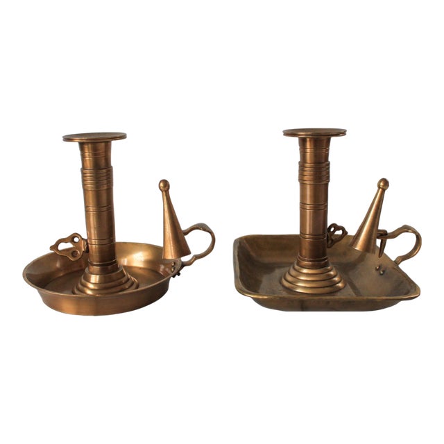 Vintage Brass Chamberstick Candle Holders W/ Snuffers - A Pair For Sale