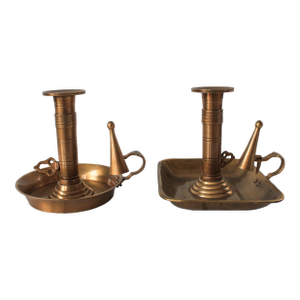 Vintage Brass Chamberstick Candle Holders W/ Snuffers - A Pair