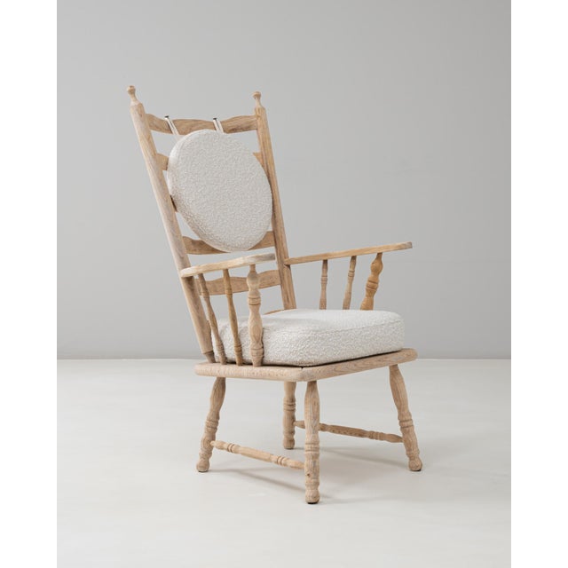 Brown 20th Century French Spindle-Back Oak Armchair with Bouclé Cushions For Sale - Image 8 of 18
