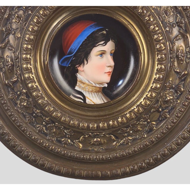 Renaissance Antique 19th Century German Porcelain Plate Hand Painted Portrait Brass Repoussé Wall Charger Frame For Sale - Image 3 of 8