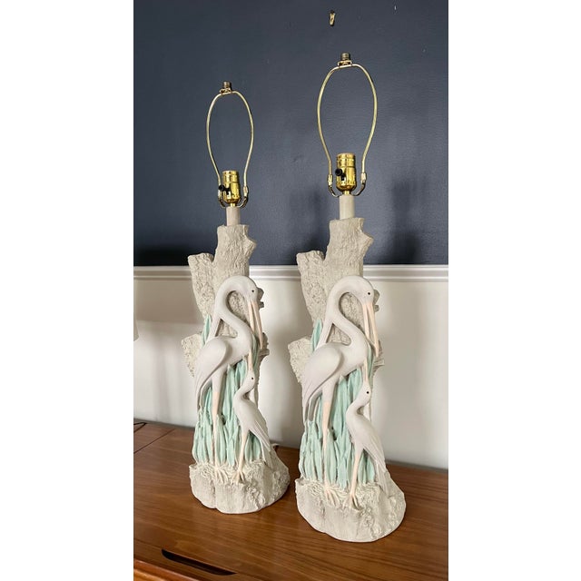 Coastal Vintage Faux Bois Plaster Egret Lamps For Sale - Image 3 of 5