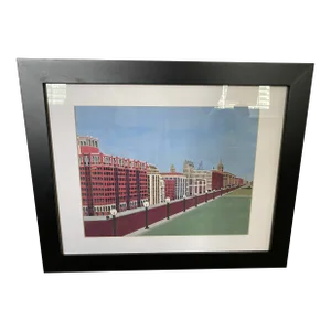 Vintage Architectural Streetscape Rendering – Framed Original Artwork