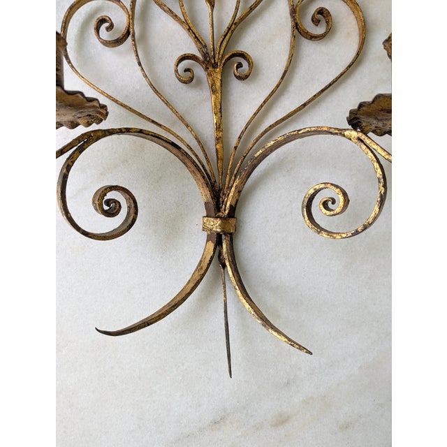 Hollywood Regency Large Vintage Italian Gilt Candle Sconce | Double Arm Wall Hanging Candle Holder For Sale - Image 3 of 5
