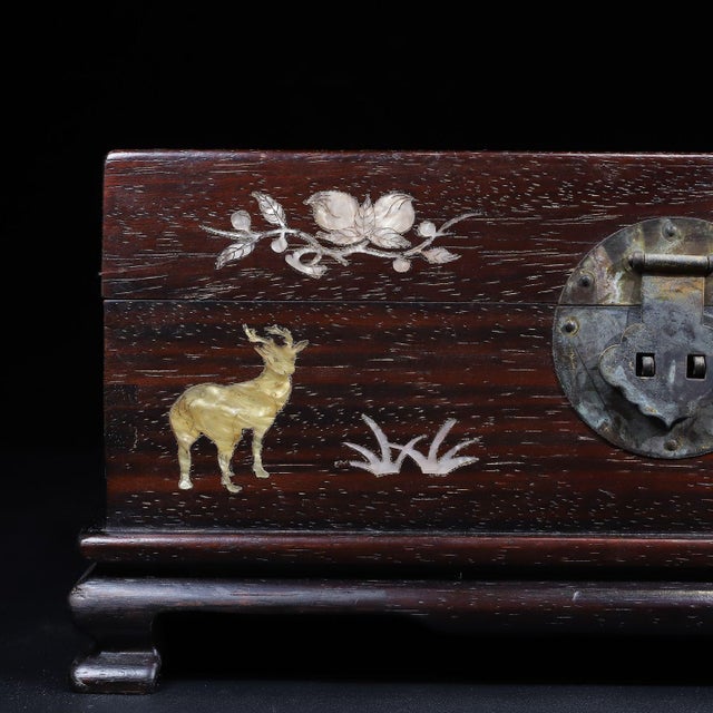 Antique Chinese Hardwood Inlaid "Mandarin Ducks" Jewelry Box With Bronze Lock For Sale In Los Angeles - Image 6 of 10