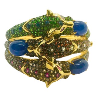 Bochic ‘Capri’ Vintage Natural Sapphire, Ruby & Emerald Cuff 18K Gold & Silver For Sale