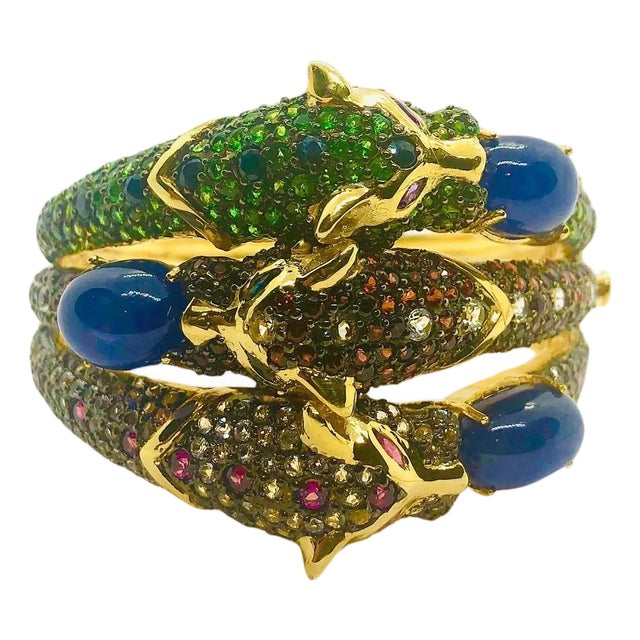 Bochic ‘Capri’ Vintage Natural Sapphire, Ruby & Emerald Cuff 18K Gold & Silver For Sale