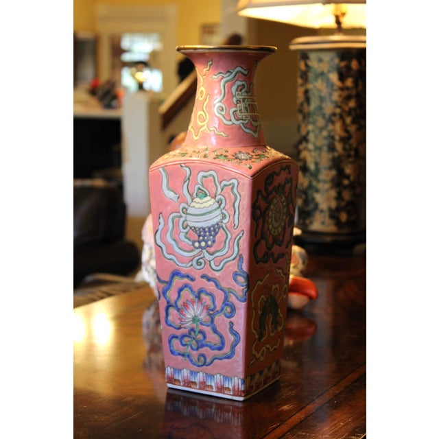Asian Antique Antique Chinese Pink Famille Rose Porcelain Vase, Tongzhi Buddhist Symbols, 15” For Sale - Image 3 of 10