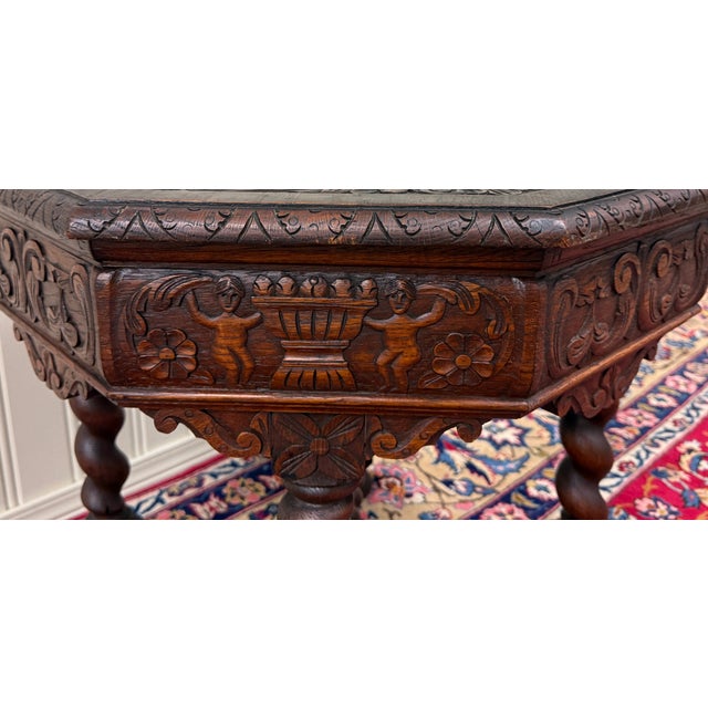 Antique French Octagonal Table Renaissance Revival Barley Twist Oak 24.5"t 19thC For Sale - Image 11 of 18