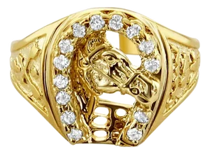 Diamond Horseshoe with Horsehead .33cttw 14k Yellow Gold, Size 8