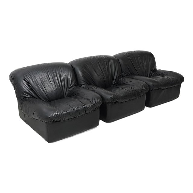 Modular Black Leather Armchairs, 1970s, Set of 3 For Sale