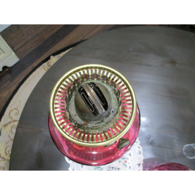 Glass Beautiful Antique Brass Column Tall Oil Lamp Cranberry Glass Shade & Font Double Burner 29" Tall For Sale - Image 7 of 13