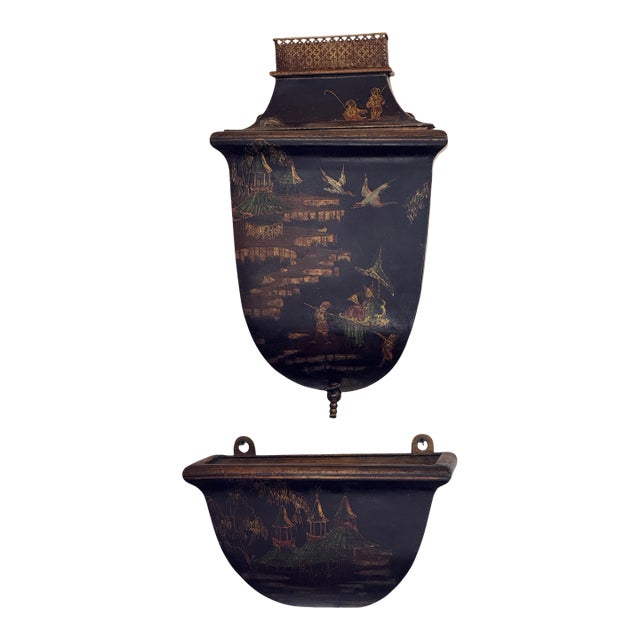 1920s Tole Painted Wall Lavabo With Chinoiserie Decoration For Sale