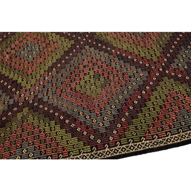 Brown and Green Modern Soumak Handmade Geometric Designed Wool Rug For Sale In New York - Image 6 of 13