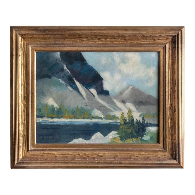 Vintage Artist Ray Swanson Framed Oil Painting Mountain Over Blue Lake, 1937-2004 For Sale