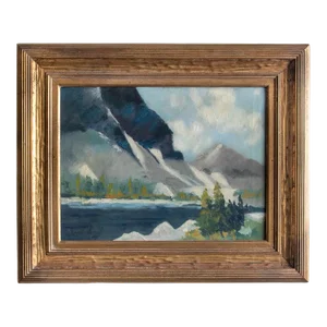 Vintage Artist Ray Swanson Framed Oil Painting Mountain Over Blue Lake, 1937-2004