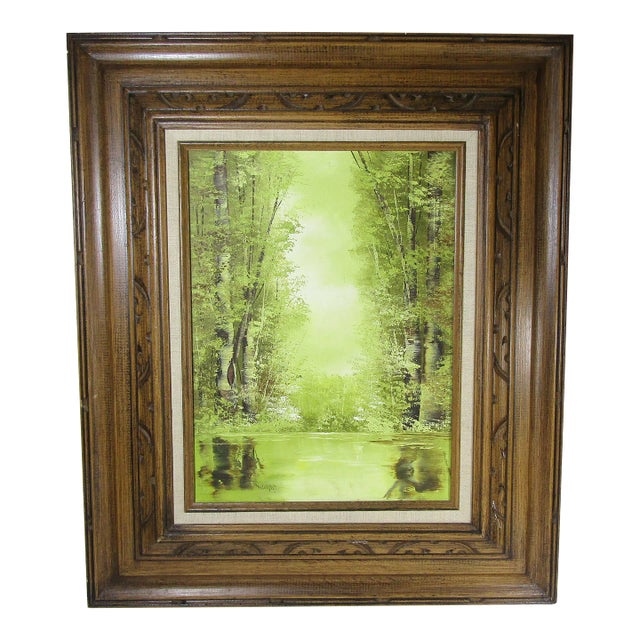 Serene Green - Vintage Oil Painting by Jo Ann Wright, Listed Texas Artist - Forest Trees With Water Scene For Sale