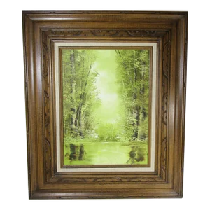 Serene Green - Vintage Oil Painting by Jo Ann Wright, Listed Texas Artist - Forest Trees With Water Scene