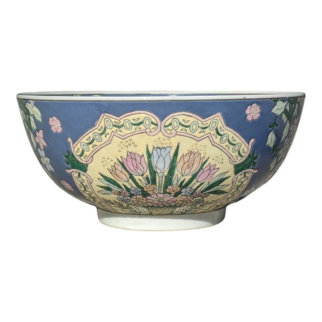 Vintage Chinoiserie Porcelain Large Decorative Bowl For Sale