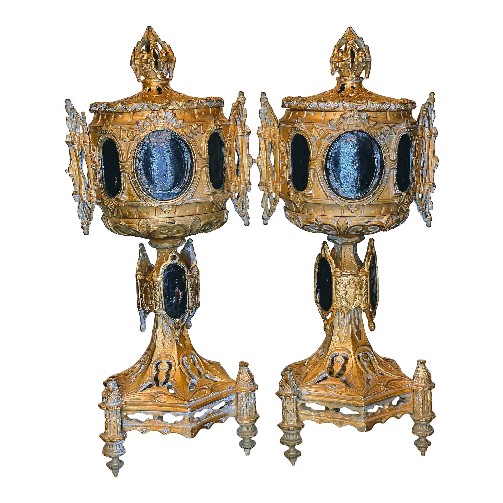 French 19th Century Neo GothicStyle Gilt Bronze Reliquary Chalices a