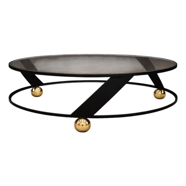 Brazilian Modern Round Coffee Table in Plated & Painted Metal With Glass Top, Brazil, 1960s For Sale