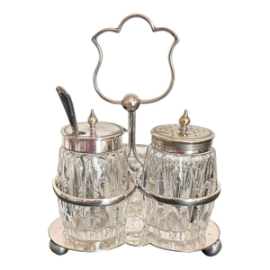 1930's JBC & Co. Silver-Plated and Cut-Glass Salt, Pepper and Mustard Pot Set