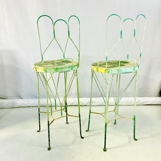1970s Vintage Boho Chic Italian Ice Cream Cafe Indoor Outdoor Bar Stools Convertible Drinks Tables - A Pair For Sale - Image 9 of 18