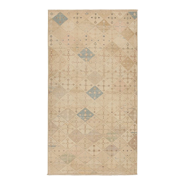 1960s Vintage Zeki Müren Rug in Beige, Blue and Pink Geometric Patterns by Rug & Kilim For Sale