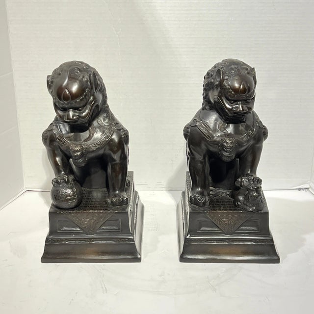 Vintage Patinated Metal Foo Lion Sculptures - A Pair For Sale - Image 4 of 12