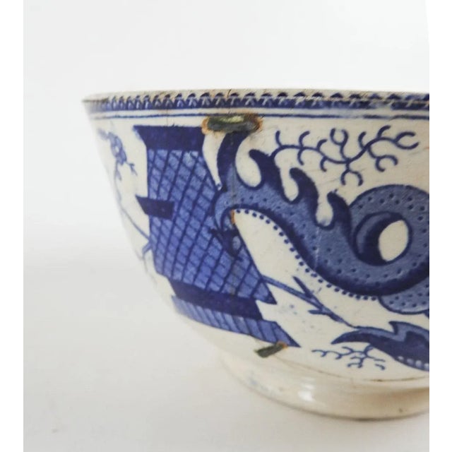 Shabby Chic Antique Chinoiserie Blue Transferware Dragon Bowl Stapled For Sale - Image 3 of 10
