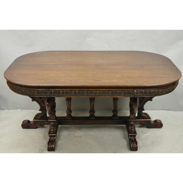 Brown Antique Italian Renaissance Figural Carved Griffin Oak Flip Top Library Table For Sale - Image 8 of 18