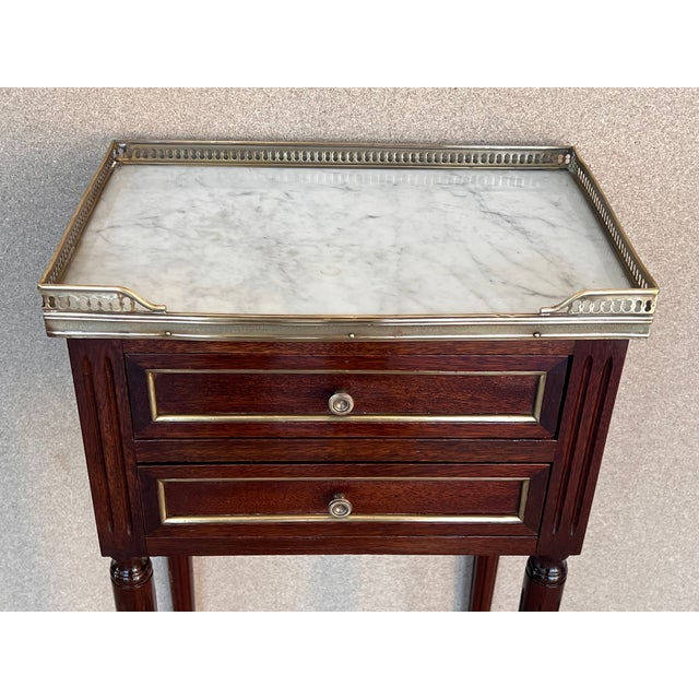 20th Century Pair of Louis XVI Style Marble-Top, Bronze and Walnut Nightstands For Sale - Image 9 of 12