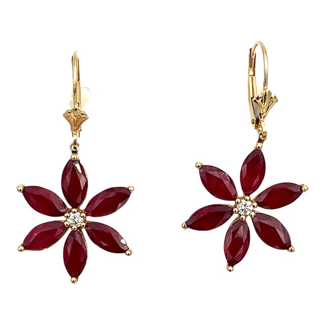 5.81 Ct Natural Ruby & Diamond Flower Shaped Earrings - 2 Pieces For Sale