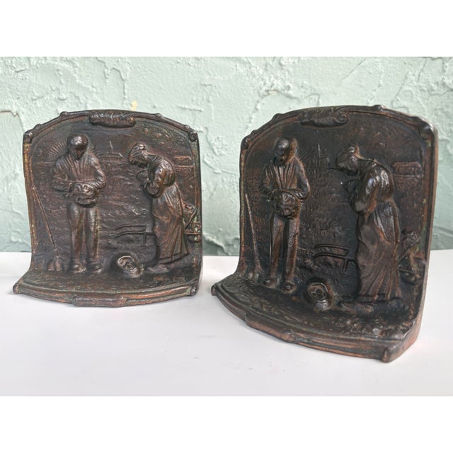French Country Vintage Cast Iron “The Angelus” Bookends After Jean-François Millet – Pair With Original Bronzed Finish For Sale - Image 3 of 8