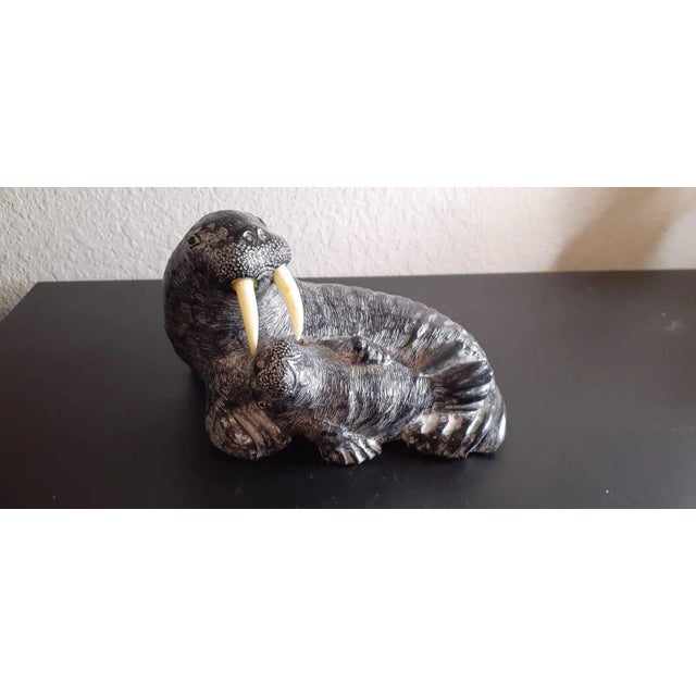 Contemporary Vintage Canadian Wolf Sculptures Slate Walrus & Baby Sculpture For Sale - Image 3 of 8