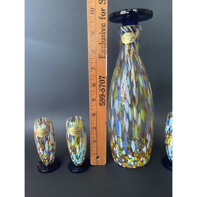 Decanter & Glasses Set by Nouveau Handcrafted - Murano Style Art Glass – Confetti Glass With Cobalt Accents, Decanter Stopper & 4 Matching Glasses For Sale - Image 9 of 9