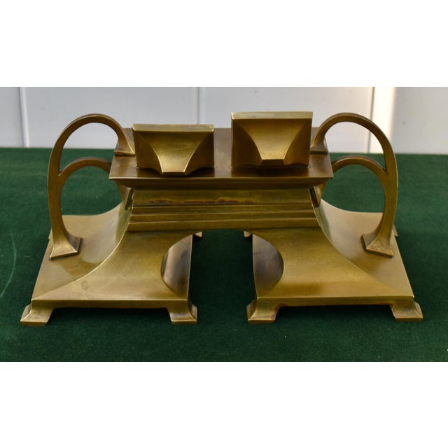 Antique Art Nouveau Bronze Dbl. Inkwell and Porcelain Inserts For Sale - Image 12 of 16