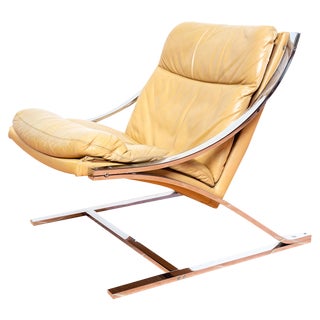 Mid-Century Cream Swiss Leather, Chrome & Leather Zeta Lounge Chair by Paul Tuttle for Strassle MCM, 1970s For Sale