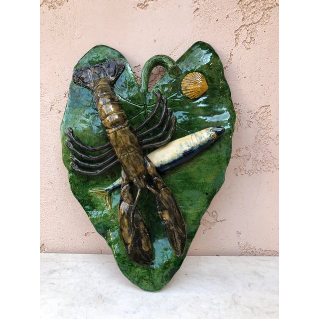 19th Century Majolica Palissy Leaf Wall Fish & Lobster Platter Alfred Renoleau For Sale - Image 12 of 12